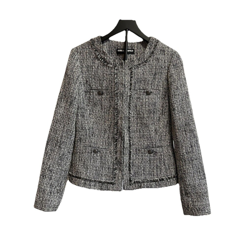 Karl Lagerfeld Paris Womens Size 6 Tweed Jacket Cropped Fringes Black White